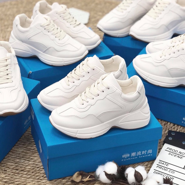Giày thể thao Sneaker QC buộc dây da trơn màu trắng đế cao lượn sóng tôn dáng hàng đẹp