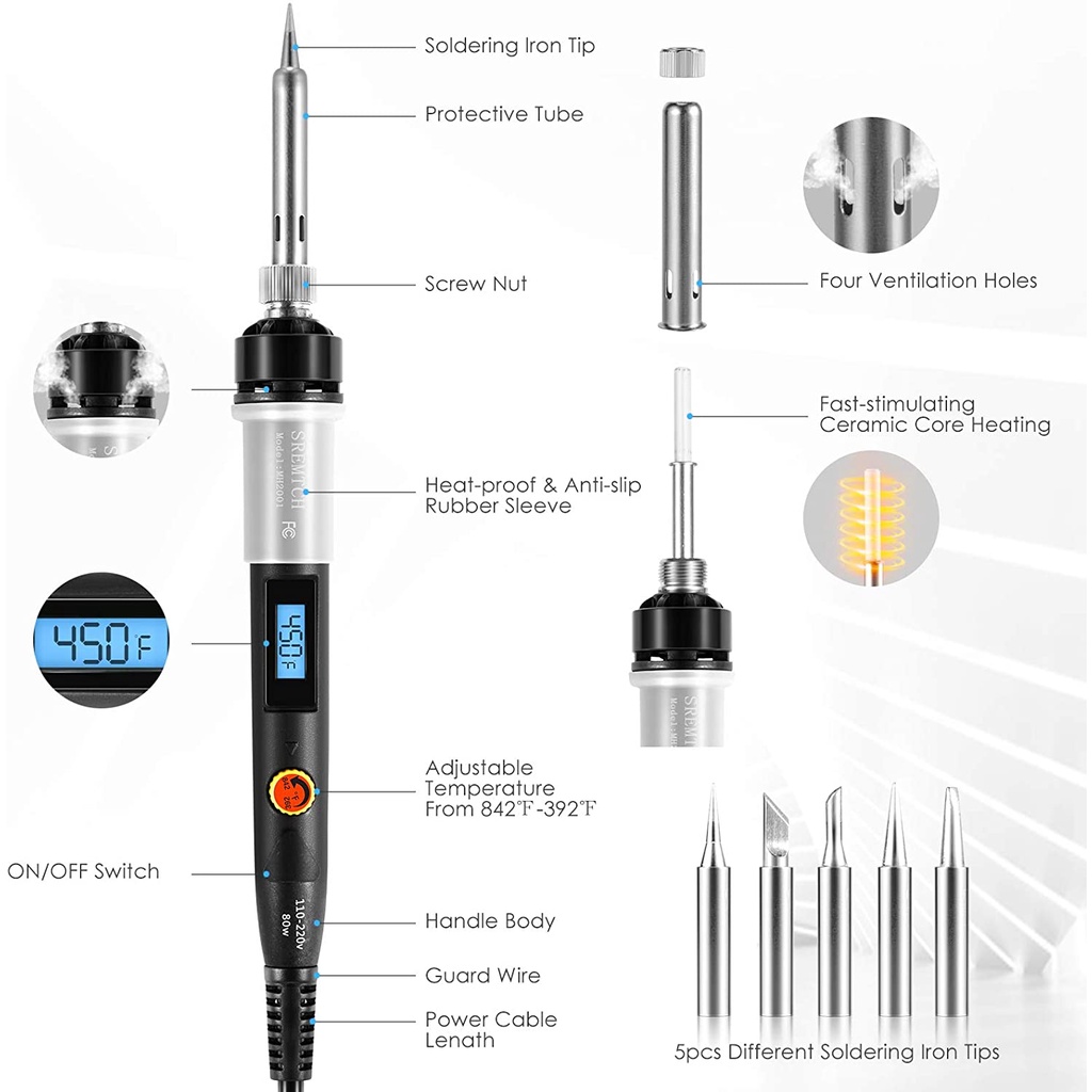 Bộ dụng cụ hàn điện 80w điều chỉnh nhiệt độ với màn hình hiển thị LCD 20 trong