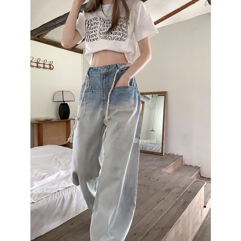 Pphome Quần Denim Ống Rộng Lưng Cao Màu Gradient Thời Trang Mùa Hè Dễ Phối Đồ