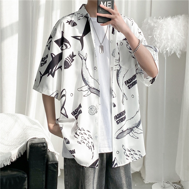 Short Sleeve Shirt With Cartoon Shark Print Korean Style Summer Fashion For Men 2022