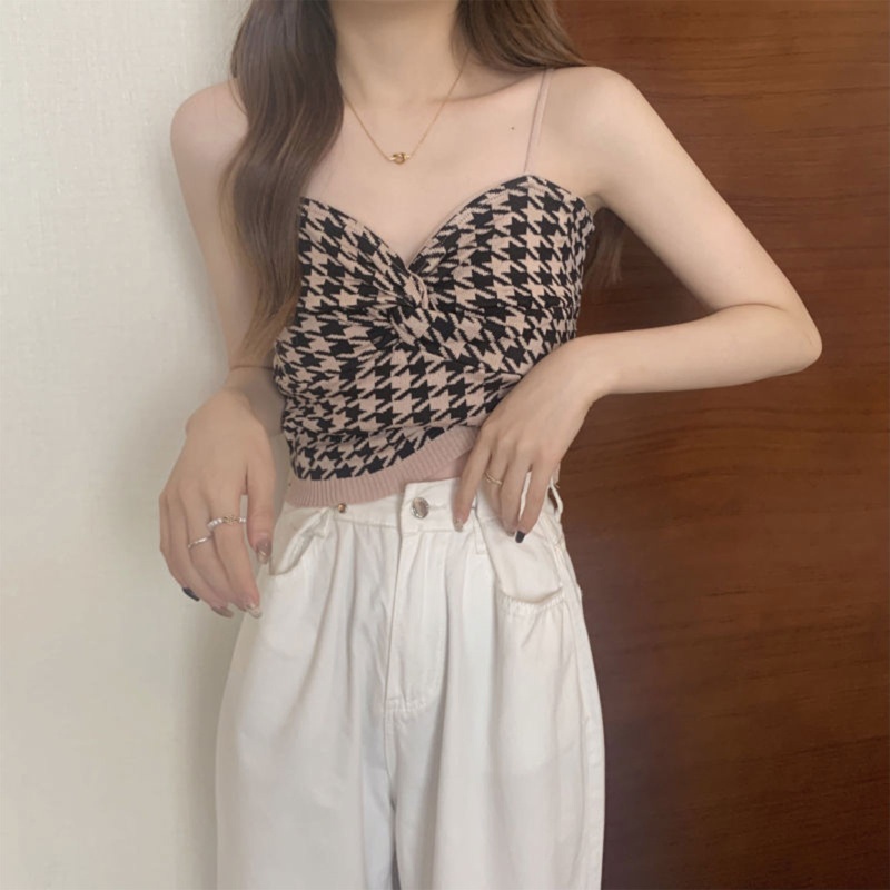 Brroa Áo Hai Dây Dệt Kim Họa Tiết Houndstooth Thời Trang Mùa Hè Cho Nữ