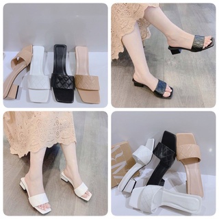 Shu store - guốc thời trang nữ quai ngang kẻ ô - gót vuông