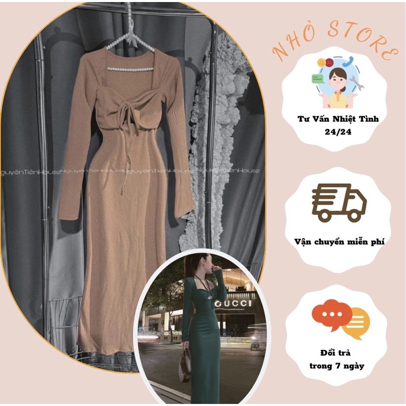 Đầm body thun gân sexy tay dài -Đầm dáng ôm khoét ngực phối dây cột cổ chất liệu thun gân co giãn tốt freeship