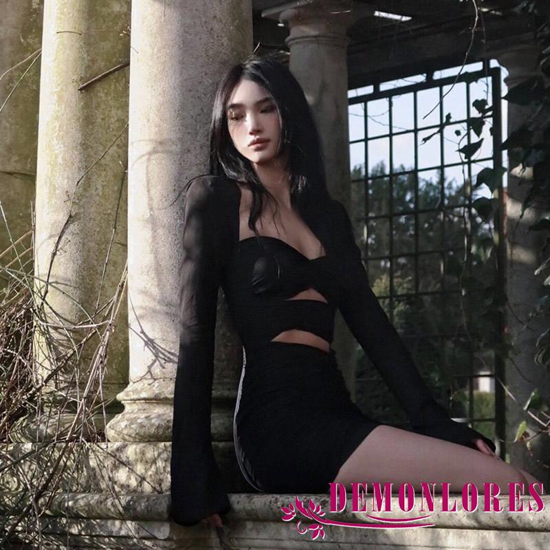 Đầm Tay Dài Dáng Ôm Màu Trơn Khoét Lỗ Thời Trang Mùa Xuân Cho Nữ