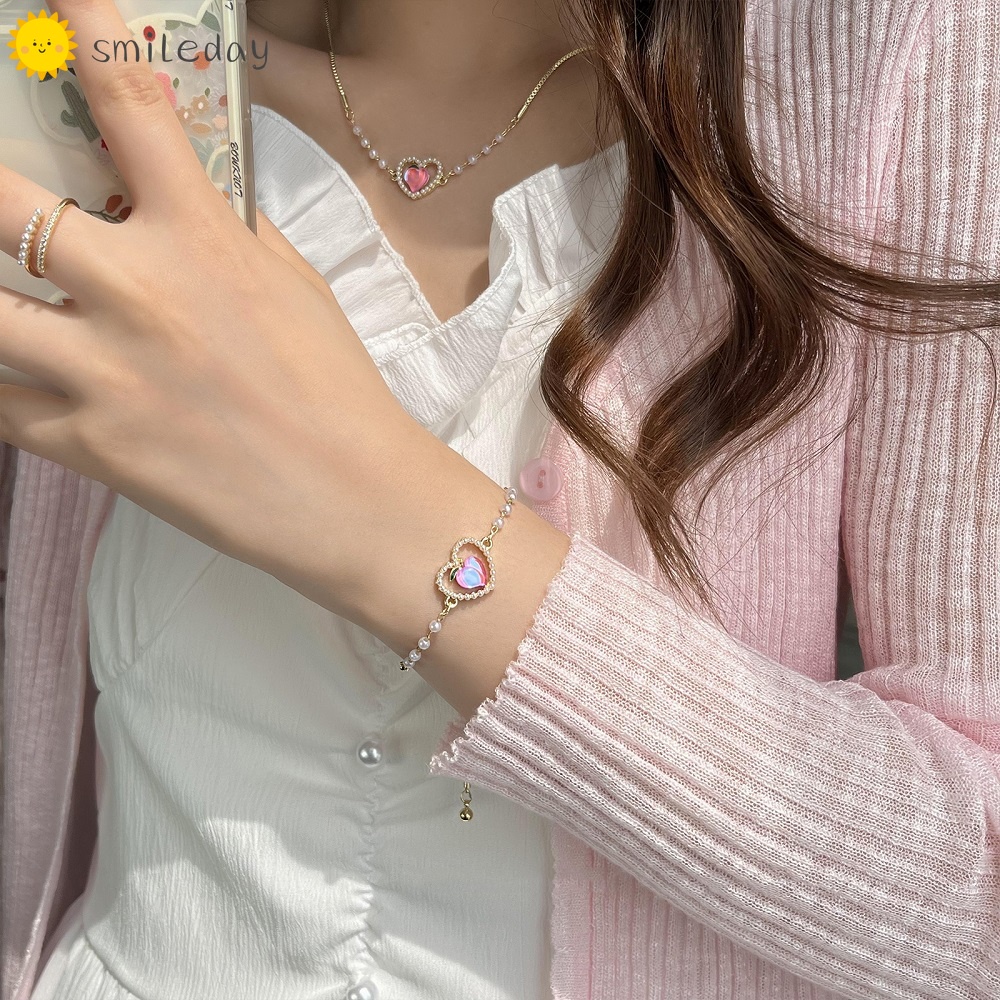 Vòng cổ Ngọc Trai Mặt Trái Tim Đính Đá Pha Lê Hồng