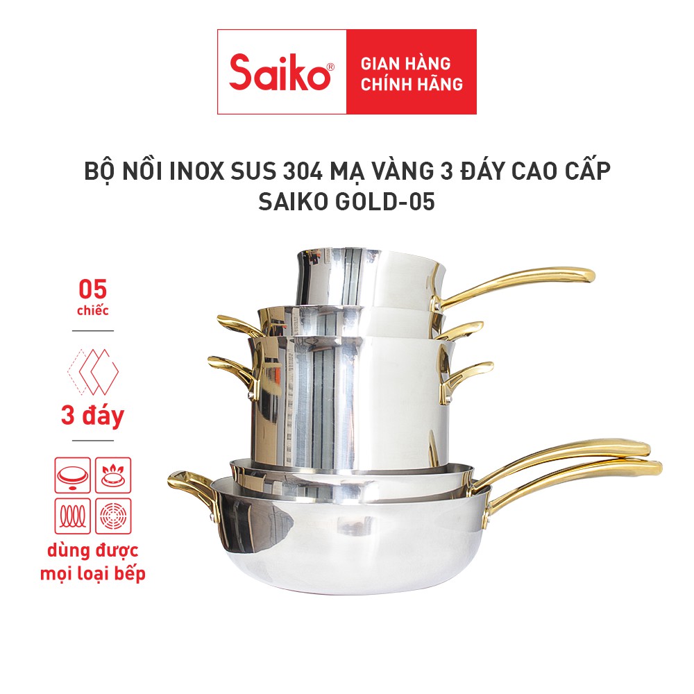 Bộ nồi inox cao cấp 3 đáy mạ vàng, 3 nồi 2 chảo kèm nắp phù hợp gia đình muốn có nguyên bộ cùng màu Saiko GOLD 05