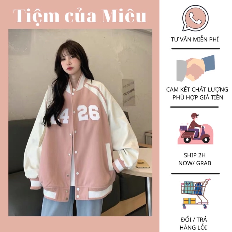 Bomber nỉ số 26 màu hồng pha kẻ viền tay Tiệm của Miêu | WebRaoVat - webraovat.net.vn