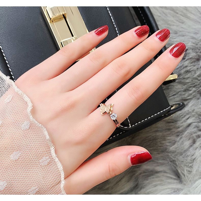 Nhẫn MAYEBE LAVEND bằng thép titan màu vàng hồng không phai phối mặt bướm/ đính đá đơn giản phong cách Hàn Quốc