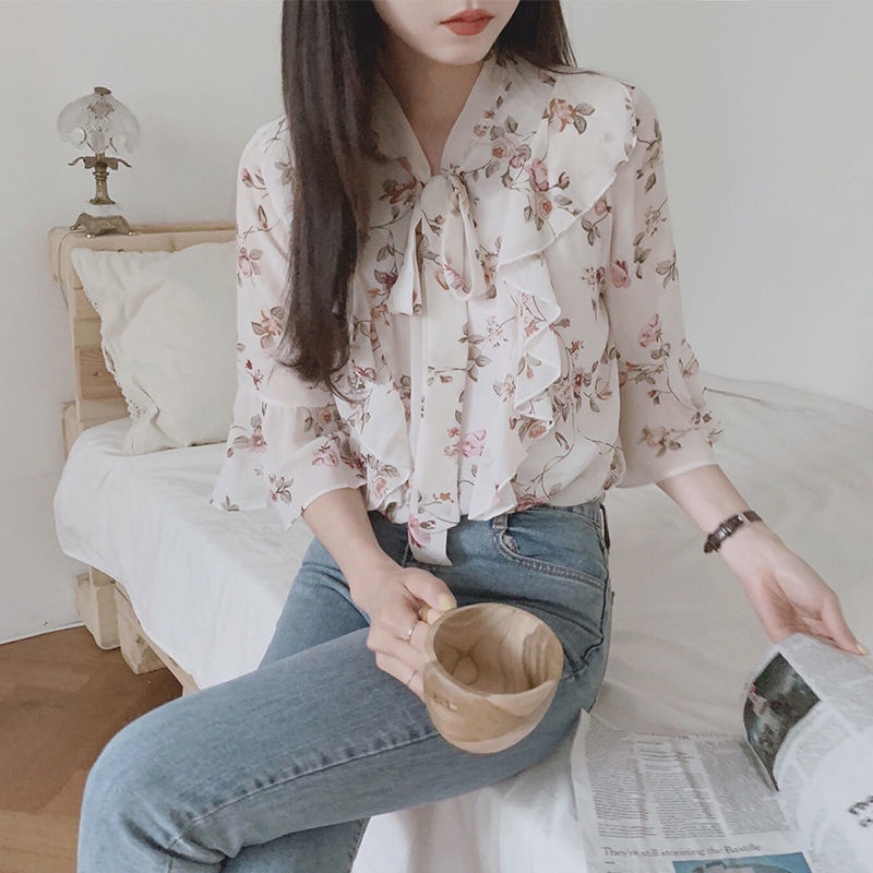 Áo Sơ Mi chiffon Ngắn Tay Họa Tiết Hoa Thời Trang Cho Nữ