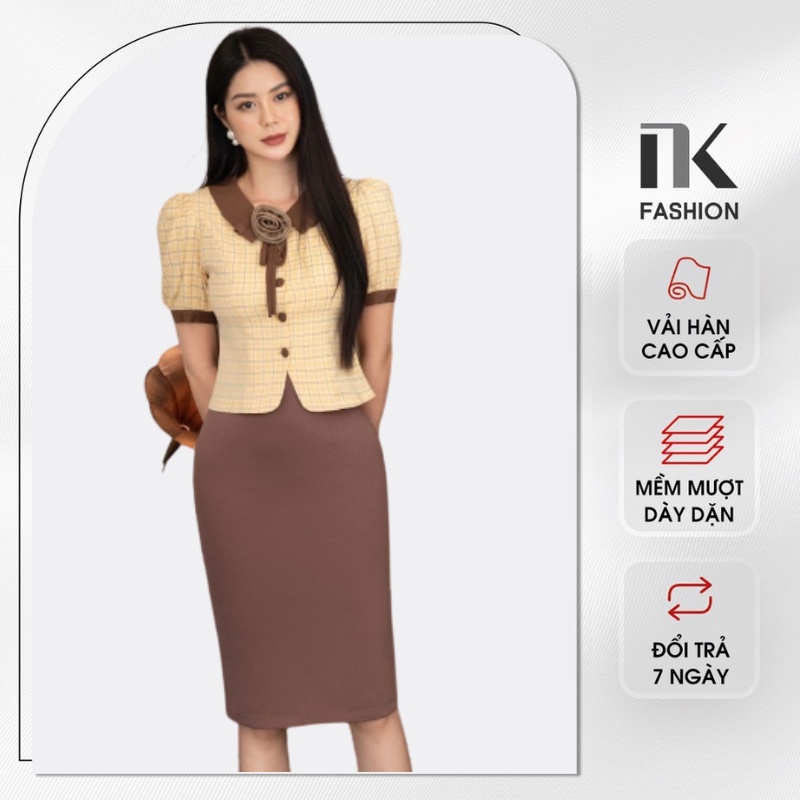 Set Công Sở Nữ NK Fashion Thiết Ké Áo Kẻ Kết Hợp Chân Váy Màu, Vải Hàn Cao Cấp NKFBD2202007