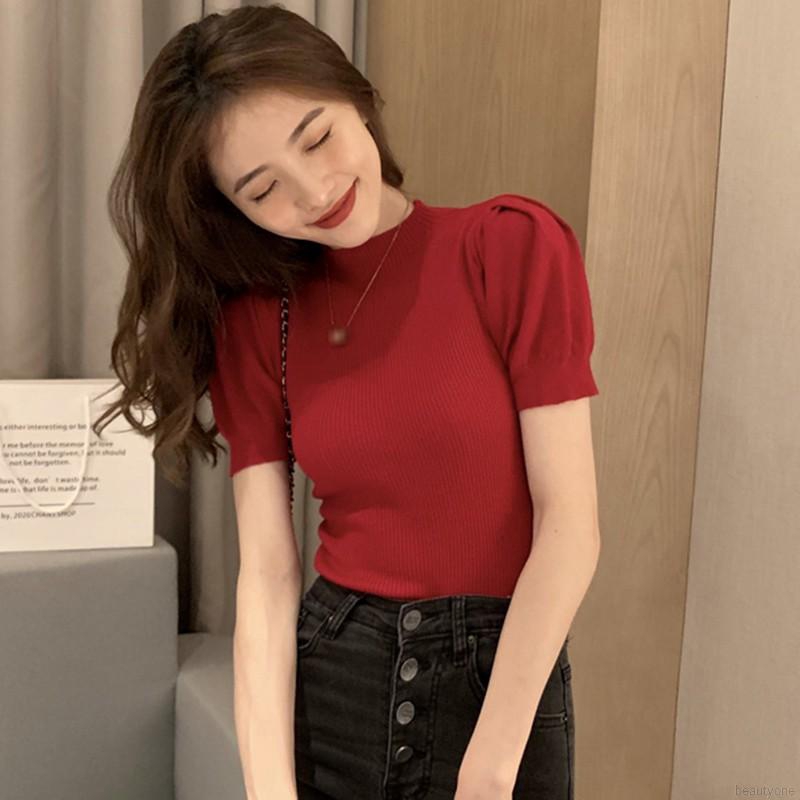 Áo Dệt Kim Cổ Lọ Tay Phồng Màu Trơn Thiết Kế Thanh Lịch Cho Phái Nữ | BigBuy360 - bigbuy360.vn