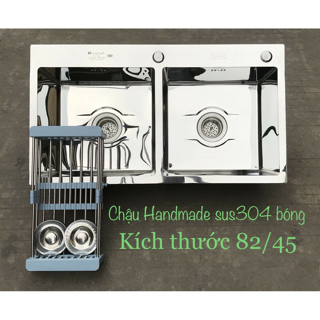 Chậu rửa bát hai hố cân Inox bóng Handmade (đúc liền khối)