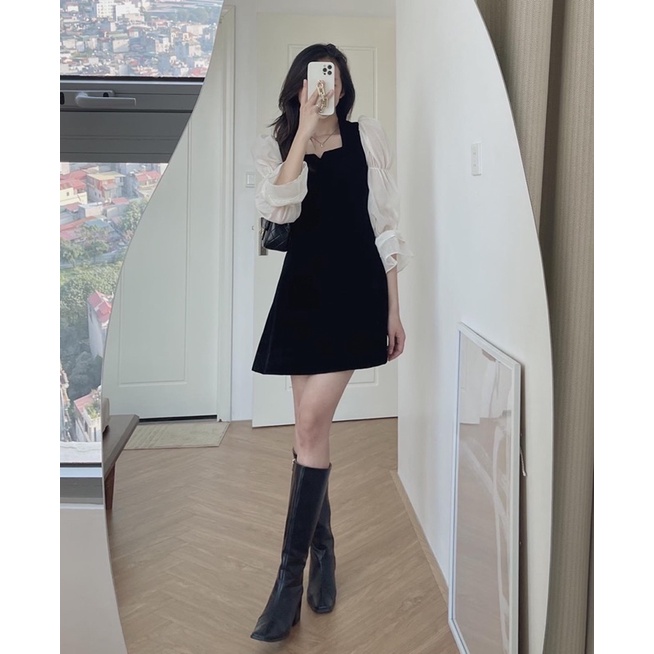 Váy nhung đen pha tay cách điệu