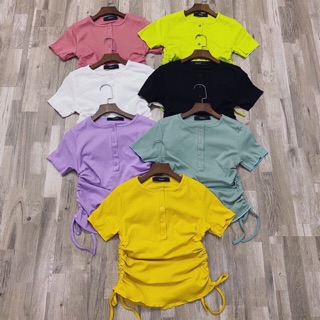 ÁO Cổ Tròn Rút dây 2 bên cổ phối nút dáng ôm body chuẩn đẹp y hình