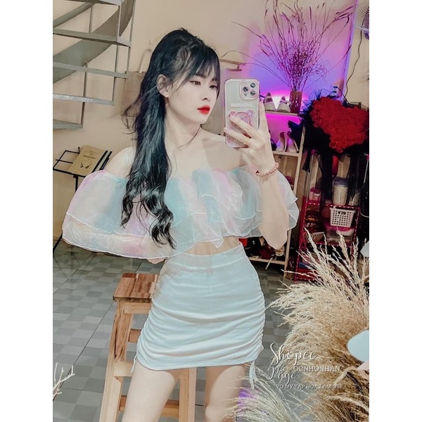 Áo bẹt vai cầu vồng, trễ vai voan kiến phối màu croptop - B5U