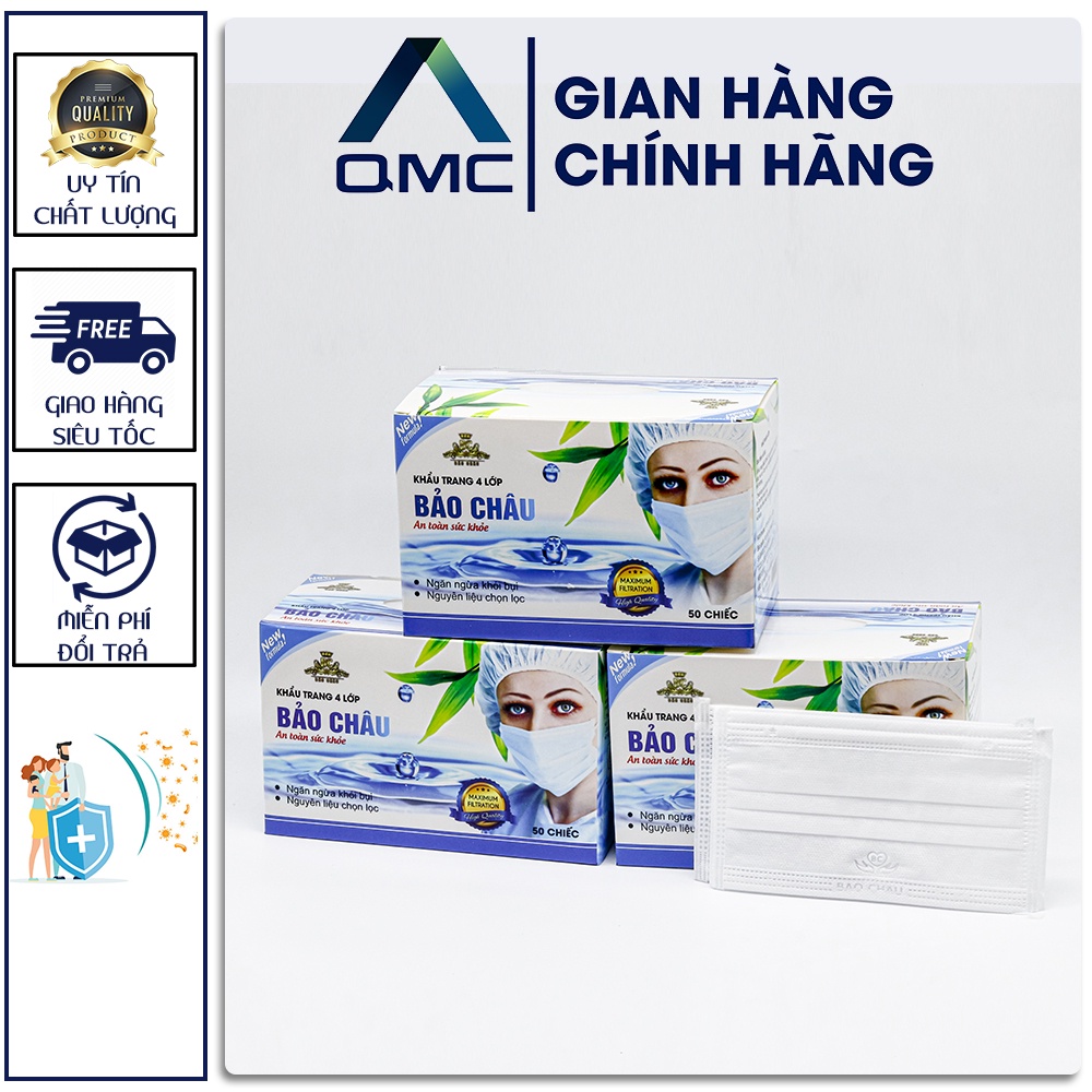  Khẩu trang y tế Bảo Châu 4 lớp màu trắng, hộp 50c #QMC