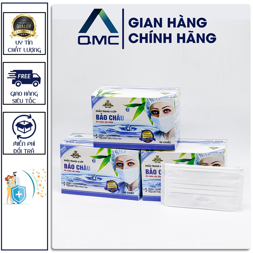 &lt;Rẻ Vô Địch&gt; Khẩu trang y tế Bảo Châu 4 lớp màu trắng, hộp 50c #QMC