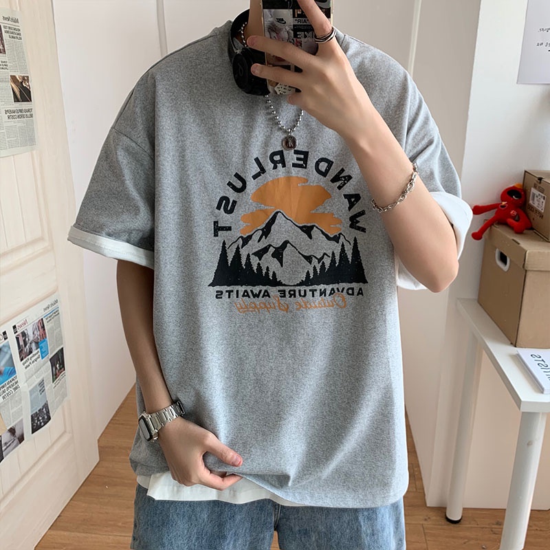 Áo thun tay ngắn cổ tròn dáng rộng in họa tiết graffiti phong cách Hàn Quốc thời trang cho nam size lớn S-8XL