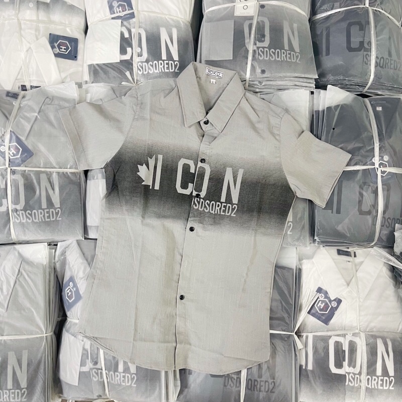 Áo sơ mi nam nữ ngắn tay chất liệu vải đũi in chữ ICON phong cách thời trang công sở tinh tế và sang trọng