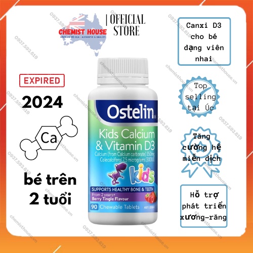 [Hàng Chuẩn ÚC] Ostelin Kids Calcium &amp; Vitamin D3 90 Viên - Canxi viên khủng long tăng chiều cao cho bé trên 2 Tuổi