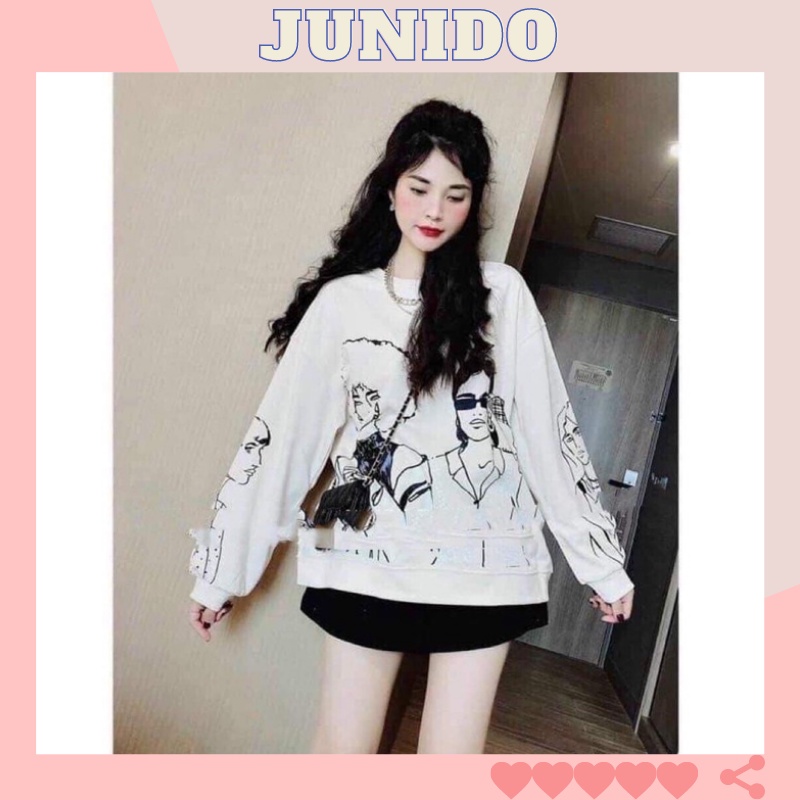 Áo nỉ sweater, áo nỉ nữ hình cô gái form rộng màu trắng JUNIDO