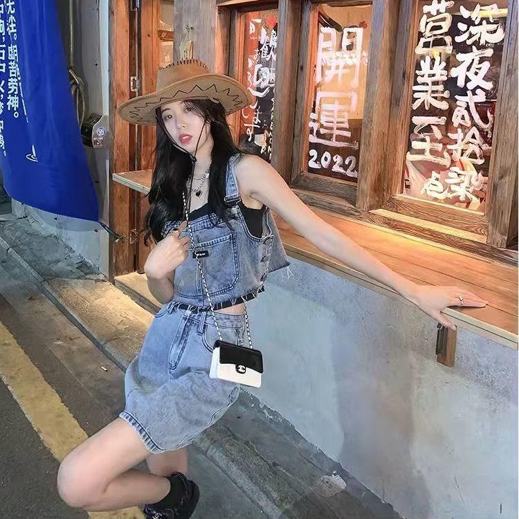 Zeng Xiaoxian Váy Denim Hai Dây Dáng Ngắn Eo Cao Thời Trang Xuân Hè Kiểu Đường Phố Ngọt Ngào