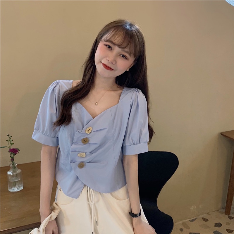 Áo Sơ Mi Nữ Cổ Chữ V Tay Phồng Ngắn Dáng Rộng Phong Cách Hàn Quốc