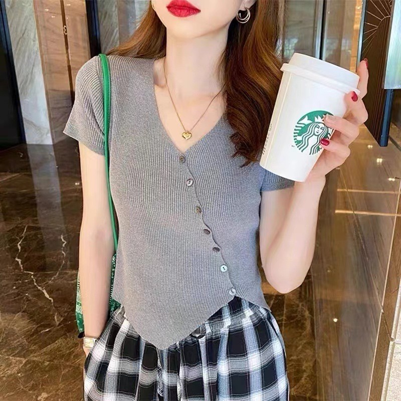 Áo Dệt Kim Ngắn Tay Cổ Chữ V Thời Trang