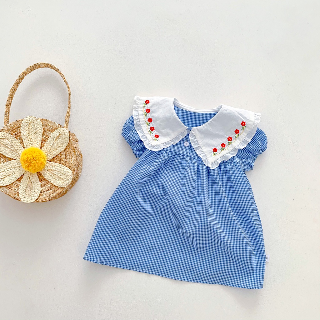 Đầm Tay Ngắn Cổ Sơ Mi Họa Tiết Caro Cho Bé Gái