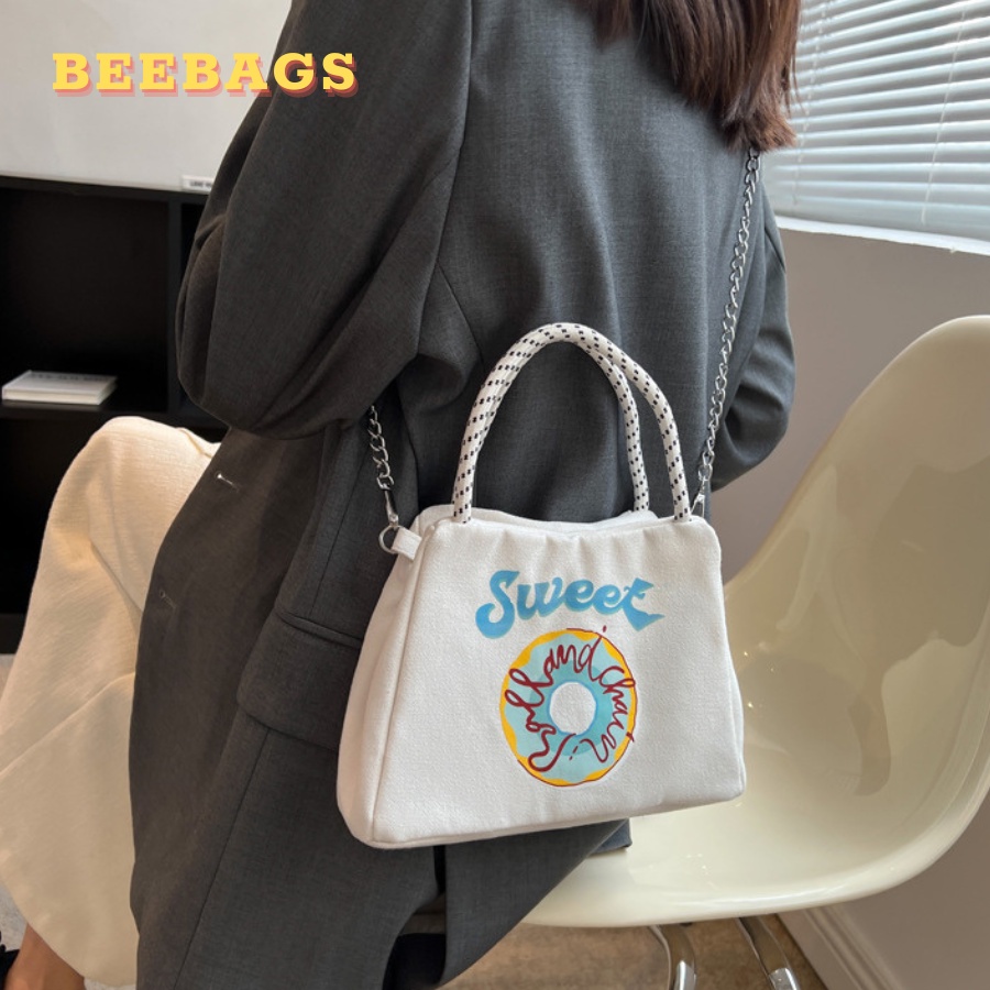 Túi Cầm Tay Chất Liệu Vải Canvas Họa Tiết Donut Dễ Thương Độc Lạ | TX43 | Túi Nữ Đeo Chéo Dây Xích Dễ Phối Đồ Đi Chơi