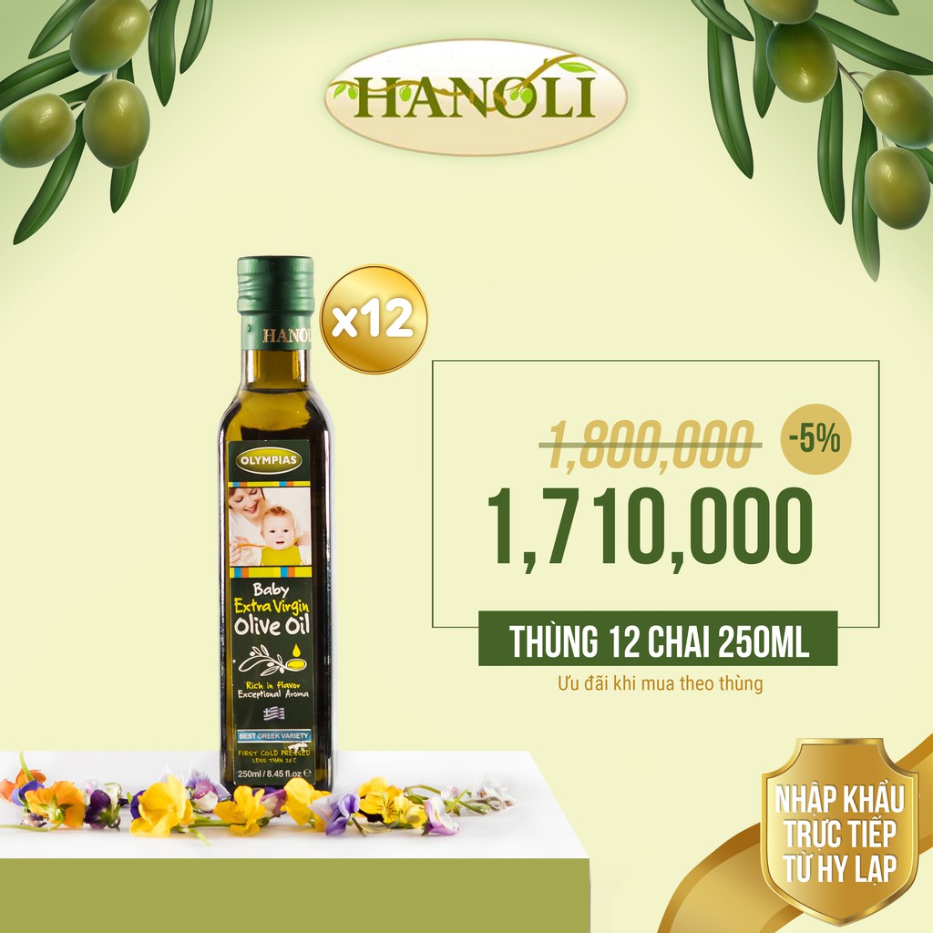 [THÙNG 12 CHAI] Dầu oliu cho bé Baby Extra Virgin Olive Oil OLYMPIAS 250ml