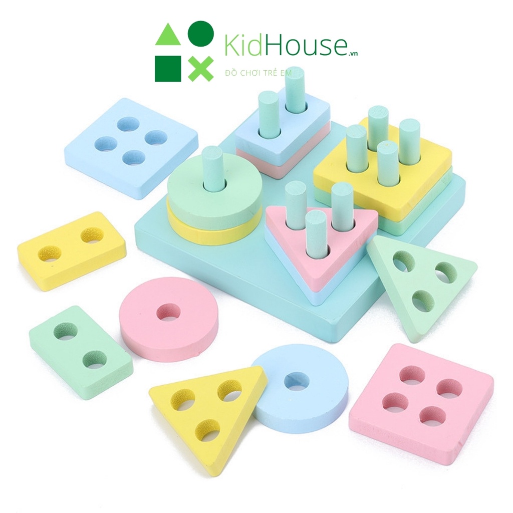 Đồ chơi gỗ thông minh cho bé montessori, bộ thả hình khối 4 trụ thương hiệu KidHouse.vn