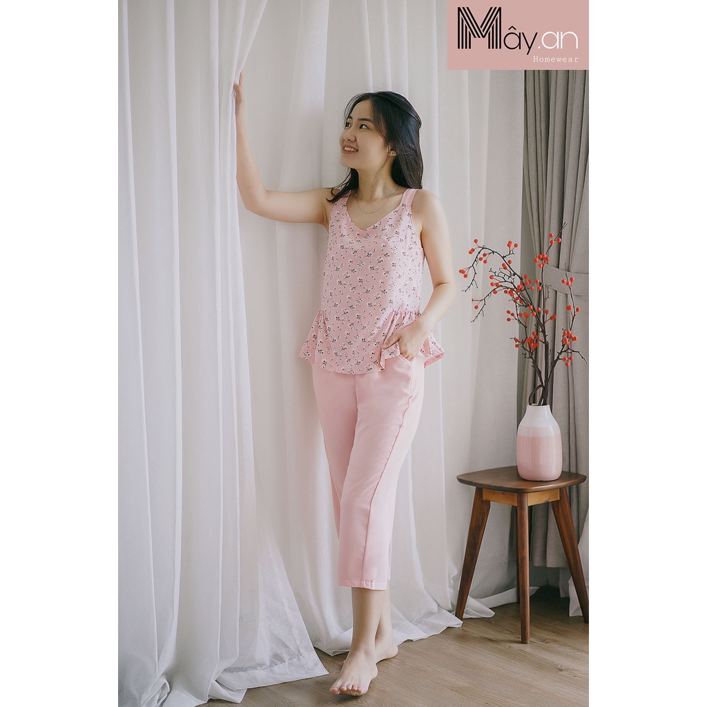 Đồ mặc nhà MÂY áo sát nách coup eo lụa mango hoa quần đũi