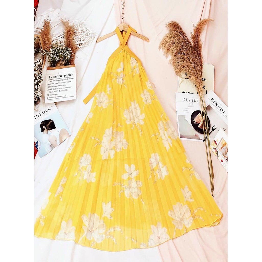 Đầm maxi họa tiết cổ yếm dập ly hở lưng phong cách thời trang XUKA-DRESS MT016 chất Voon tơ đẹp sang | BigBuy360 - bigbuy360.vn