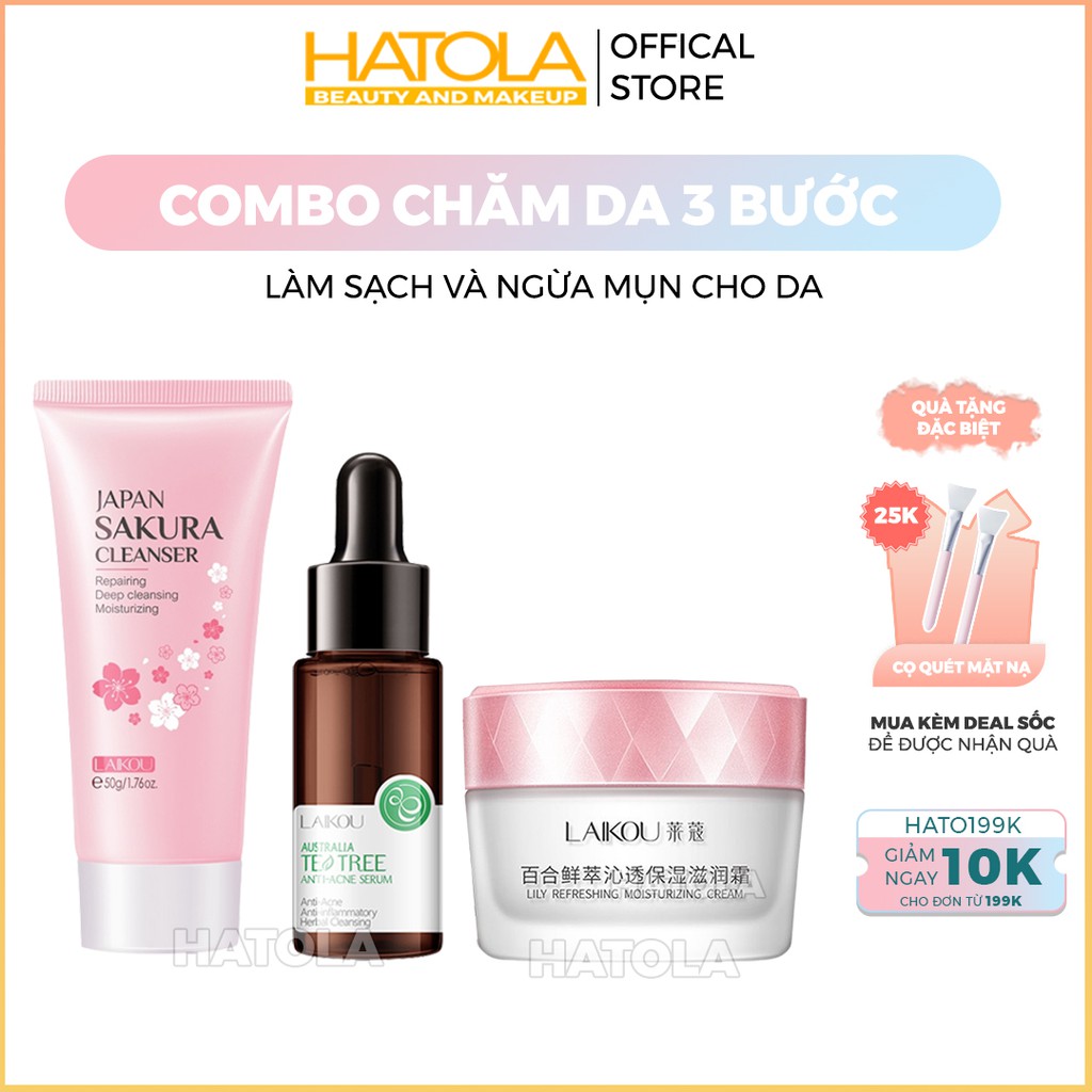 Combo chăm sóc da 3 bước giảm mụn Laikou sữa rửa mặt kem dưỡng serum ngừa mụn giúp da chắc khỏe mịn màng tự nhiên Hatola