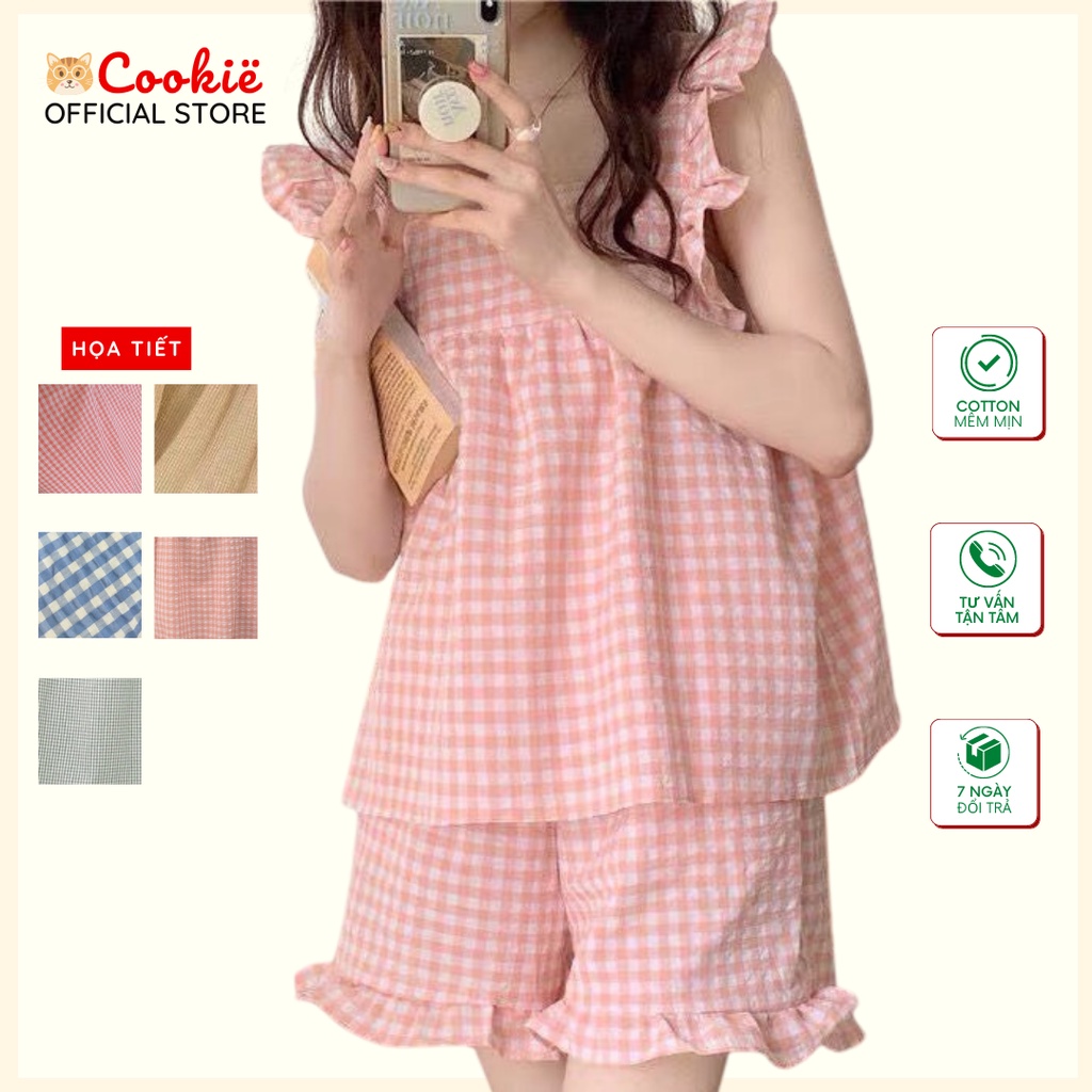 Quần Áo Ngủ Nữ, Bộ Đồ Pyjama Cổ Vuông Tay Cánh Tiên Đùi Cộc Viền Bèo Chất Cotton Caro Hàn Quốc Xinh Xắn PYCADU01