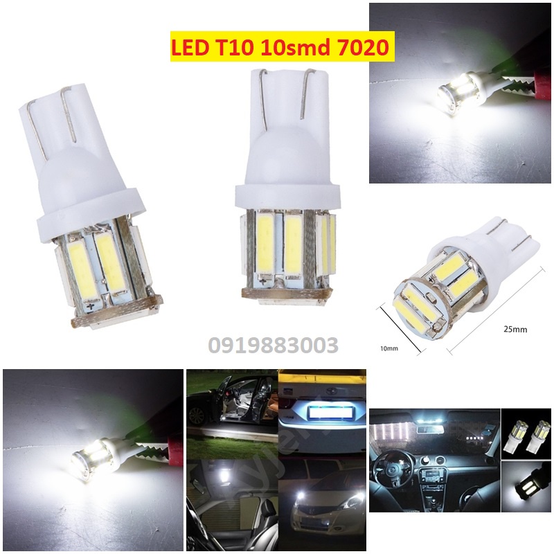 Set 2 Bóng LED T10 đèn xi nhan, đèn demi xe máy đèn trần ô tô 10 chip smd 7020