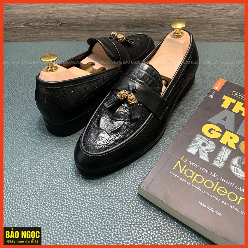 {ĐẾ KHÂU CỰC BỀN} Giày lười nam da bò thật BẢO NGỌC K1868 dập vân cá sấu băng chuông vàng cao cấp🎁 Đế cao su đúc ca | BigBuy360 - bigbuy360.vn