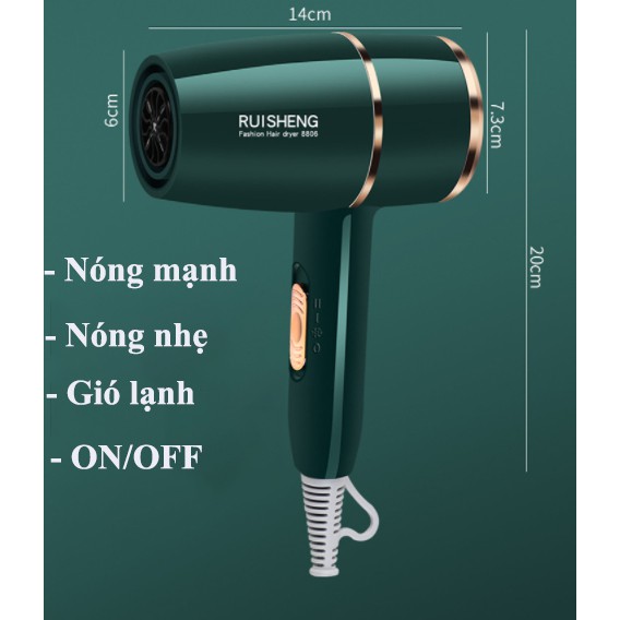 Máy sấy tóc Ruisheng công suất 2200W có ánh sáng xanh, chăm sóc ion âm cho tóc, 3 chế độ sấy, điều chỉnh nhiệt độ