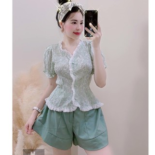 Sét áo hoa bèo cúc bọc mix quần sooc ống rộng giả váy - HY36