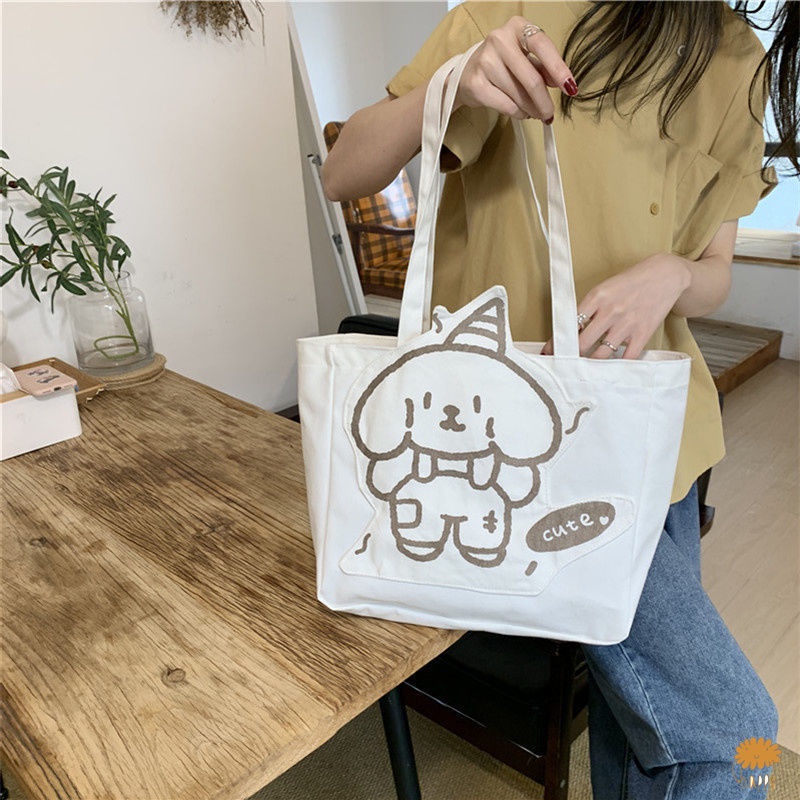 Túi canvas đeo chéo cỡ lớn in hình chú chó đơn giản thời trang dành cho học sinh
