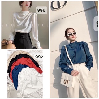 Sơ mi lụa tay bồng cúc ngọc cao cấp