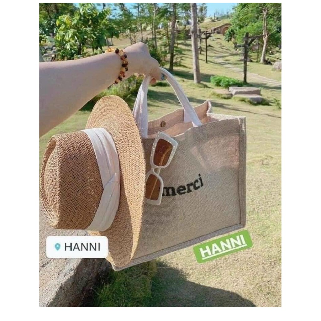 Túi Cói Rộng Rãi Đi Du Lịch Đi Chơi Đi Học Túi Cói MERCI 2 Lớp Dày Dặn Siêu Tiện Dụng HK-006 | BigBuy360 - bigbuy360.vn