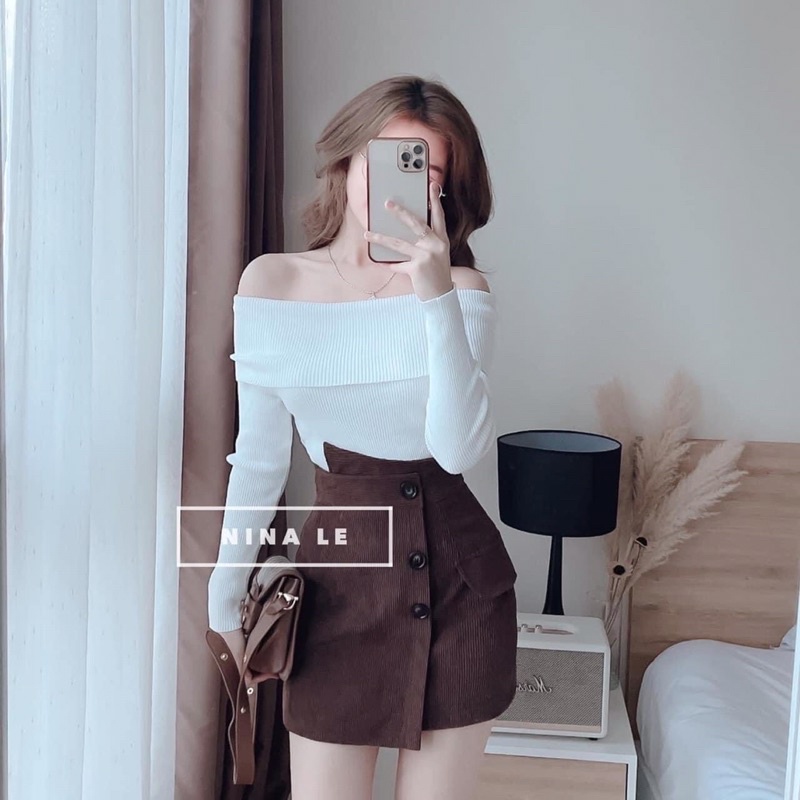Set áo trễ vai thun tăm tay dài + chân váy nhung nút