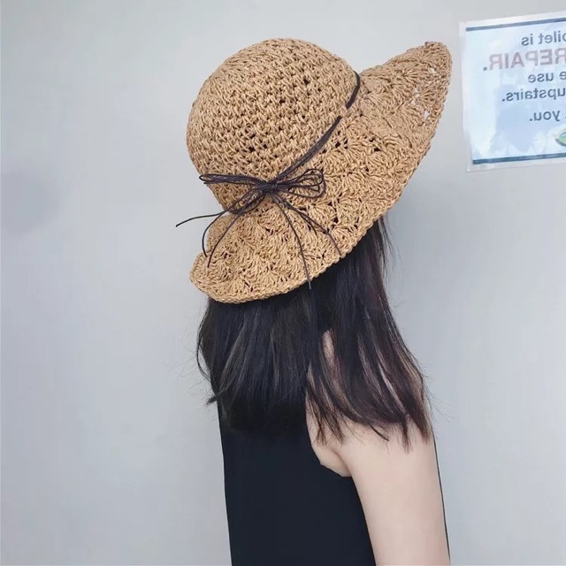 Mũ cói mềm vintage dây nơ - Khăn turban