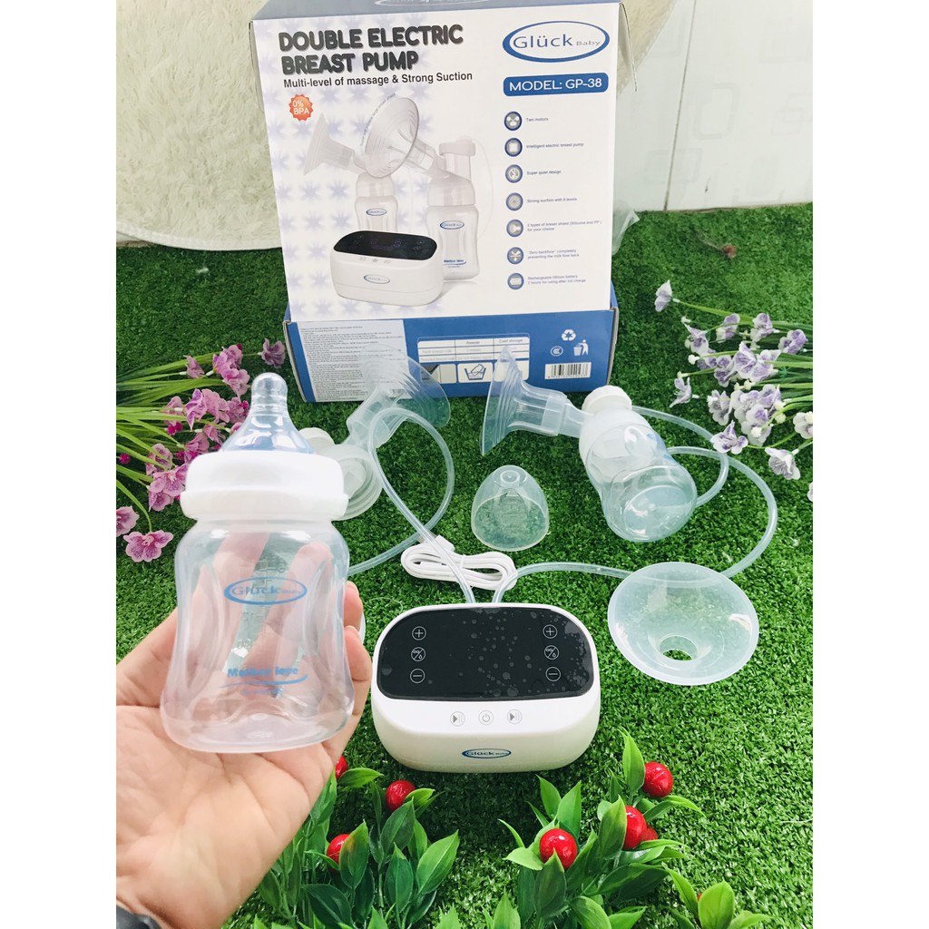 Máy hút sữa điện đôi Gluck GP38 - Chính hãng, 2 bình, màu trắng, kích thước 22x8x25cm