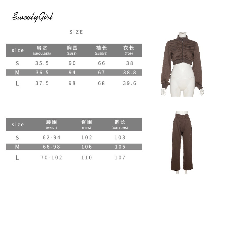 Áo croptop tay dài cổ cao có khóa kéo / Quần dài ống rộng lưng cao màu sắc thời trang cho nữ