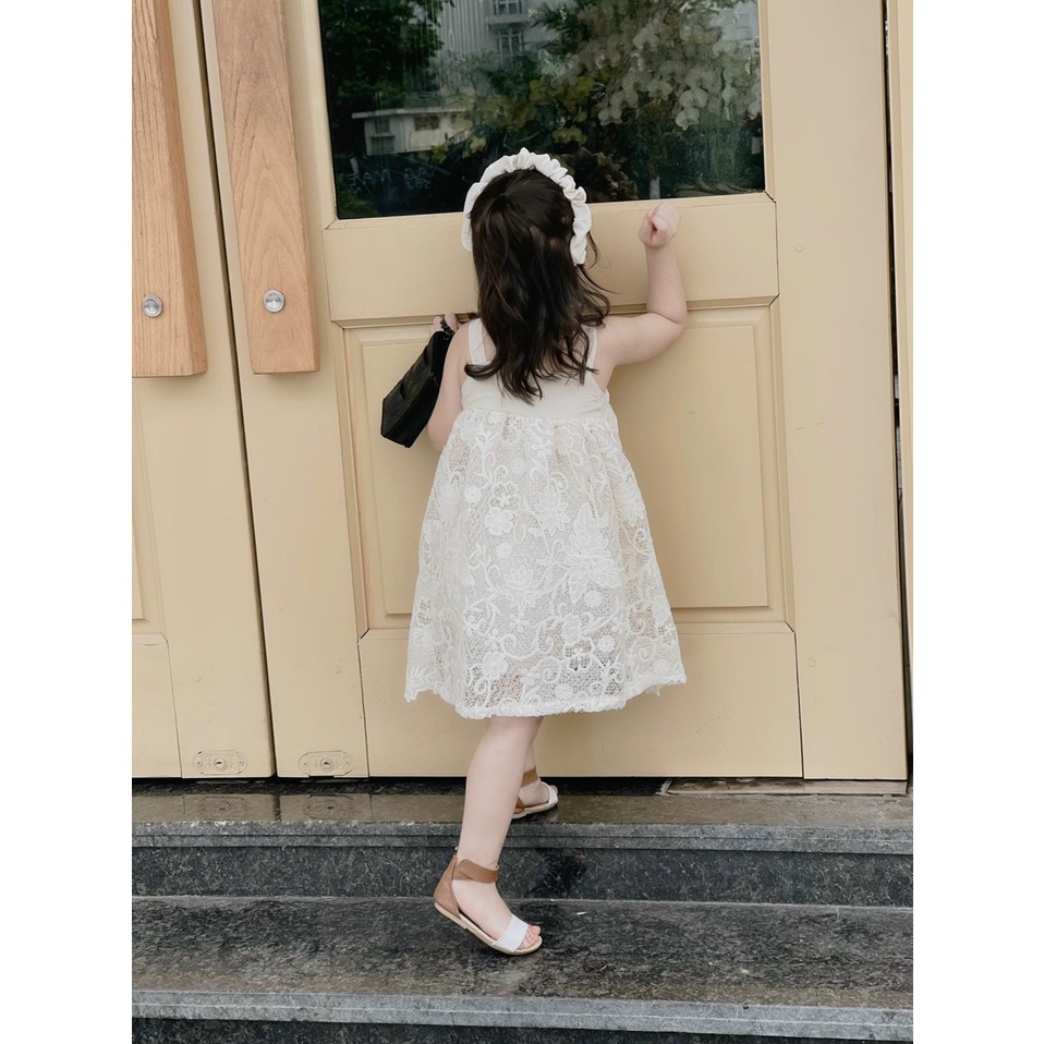 Váy bé gái hai dây phối ren đính hoa ngực, Đầm công chúa dụ tiệc xinh xắn tặng kèm bờm cho bé từ 8 đến 20 kg, SUN KID'S