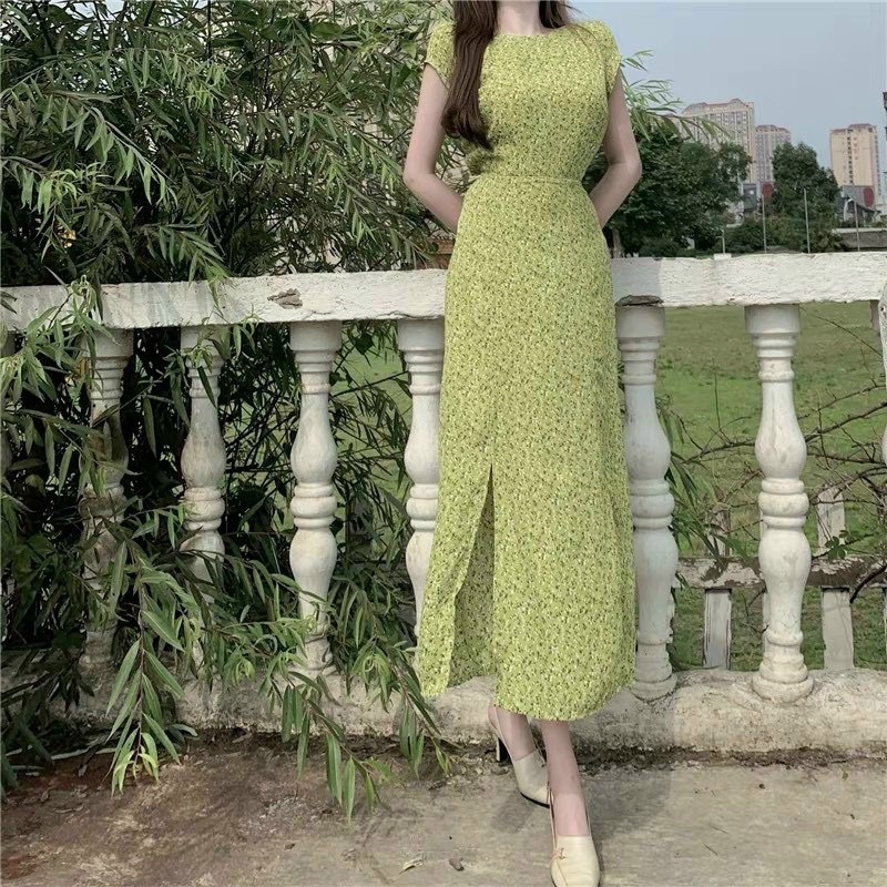 ĐẦM MIDI XANH HOA NHÍ TAY TIÊN CUT OUT LƯNG