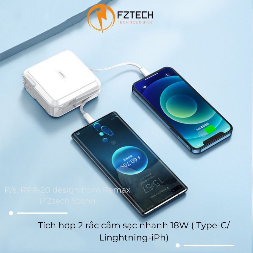 Pin sạc dự phòng đa năng 1500mAh Remax RPP-20 FZTECH Sạc dự phòng kèm củ sạc nhanh 2 dây sạc Lightning và type C 18w